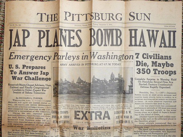 Pittsburg Sun 1941 December 7 Evening - Detail 1 - Front Page Headlines Army Arrives Pittsburg