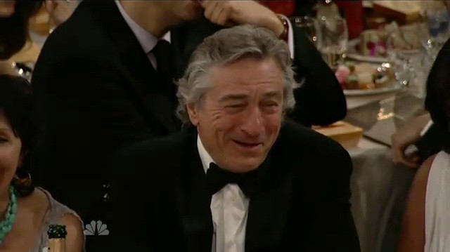Robert Deniro reacts to Ricky Gervais Hugh Hefner joke at 2011 Golden Globes
