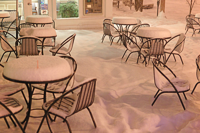 Coffee Cartel, in Saint Louis, Missouri, USA - snow-covered tables