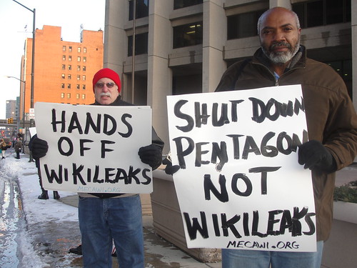Abayomi Azikiwe, editor of the Pan-African News Wire, with David Sole of the Michigan Emergency Committee Against War & Injustice (MECAWI), outside the federal bldg. in Detroit protesting the arrest of Julian Assange, the founder of WikiLeaks. by Pan-African News Wire File Photos
