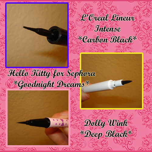 Here are my swatches of the liners - see the whiskers on the Hello Kitty 