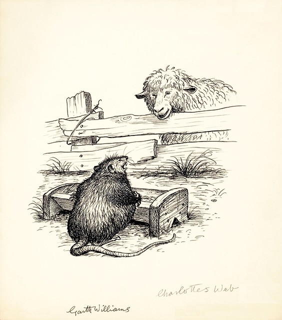 ink drawing of sheep talking over fence to rat