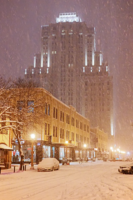 Maryland Plaza, in Saint Louis, Missouri, USA - view at night with snow