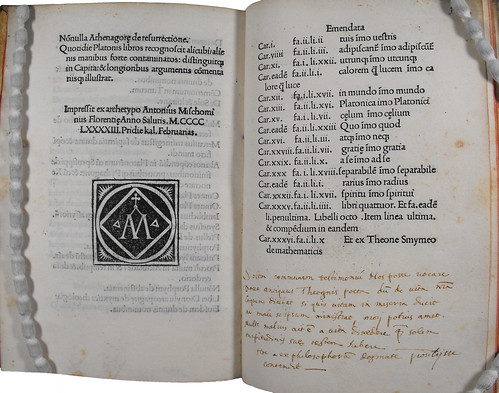 Colophon and manuscript notes in Ficinus, Marsilius: Liber de sole et lumine