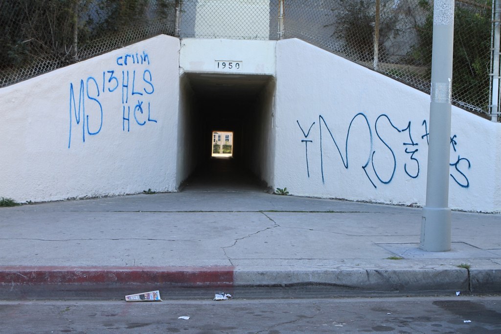 gangs have tagged this entrance of a tunnel