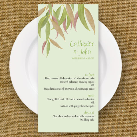 gum leaf flexible wedding menu card