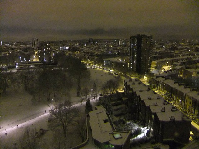 View of London Fields from the sky in Winter at night