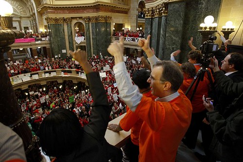 The Wisconsin Senate had failed to have a quorom with Democrats traveling out of state to avoid a vote on the outlawing of unions and collective bargaining in the public sector. Republicans later forced through the bill outlawing collective bargaining. by Pan-African News Wire File Photos