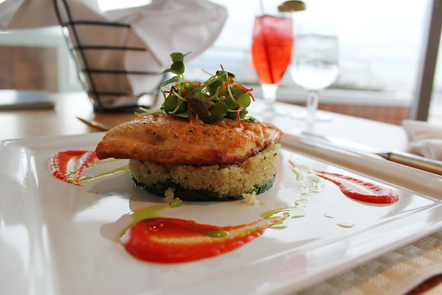 Pan Seared Arctic Char wilted baby spinach, yuzu infused quinoa & red pepper coulis 