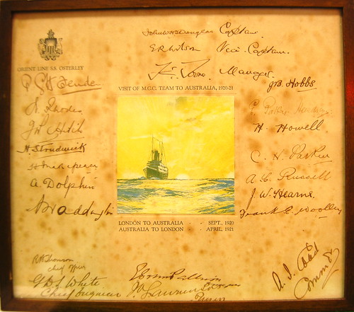 A picture signed by the players of the England cricket team's tour of Australia from 1920 to 1921