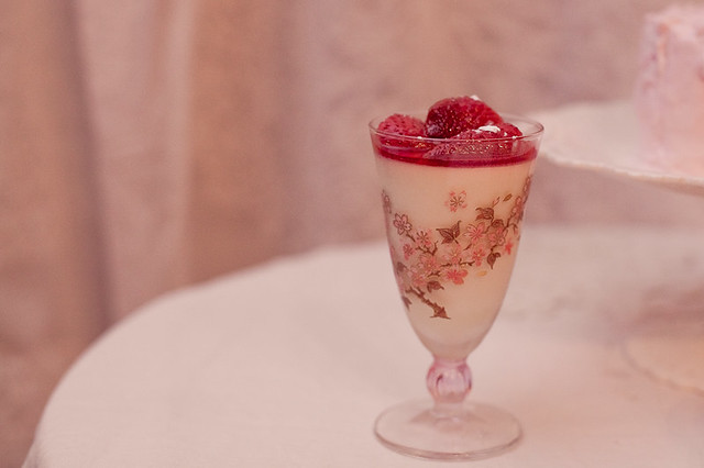 lychee panna cotta with rosewater roasted strawberries
