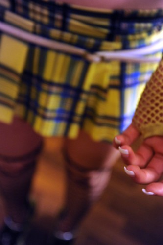 Fingernails, Dani's French manicure, plaid bright yellow and blue mini-skirt, white belt, glove, legs, Wedgwood, Seattle, Washington, USA by Wonderlane