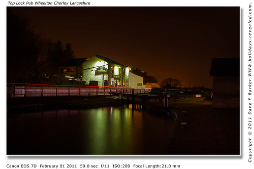Top Lock Pub Night Reflections  With Car Light Trails Wheelton Chorley Lancashire