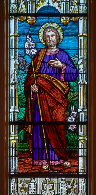 Saint Joseph Roman Catholic Church, in Louisiana, Missouri, USA - stained glass window detail of Saint Joseph