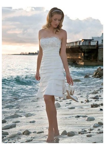 Organza Strapless Neckline with A line Tea length Skirt Beach Wedding Dress