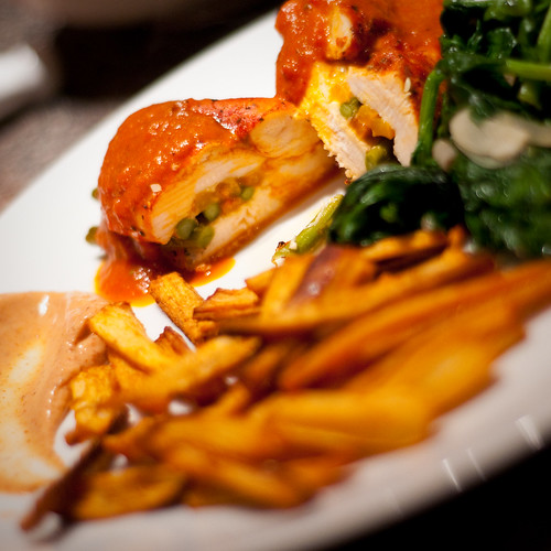 stuffed chicken, parsnip fries and spinach