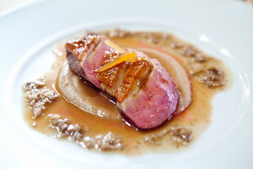 Third Course: Organic Long Island Duck Roasted with White Truffle Honey, Purée of Organic Dates and White Turnip