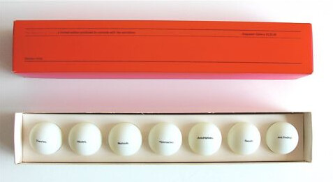  DAMIEN HIRST The Magnificent Seven (2000)  seven printed ping pong balls housed in a cardboard box, 2.25” x 13.25” x 2.25” from the Gagosian edition of 1500, hand signed and printed numbering on box bottom.  This multiple was created for the Gagosian Gal