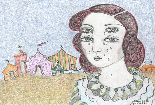 "Circus Girl" by Catherine Eyde, a pastel drawing in which a girl in a clown shirt cries from her four eyes in front of several closed and apparently empty circus tents