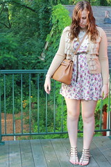 Outfit - floral dress, ruffled cardigan, gladiator sandals, Kelly bag