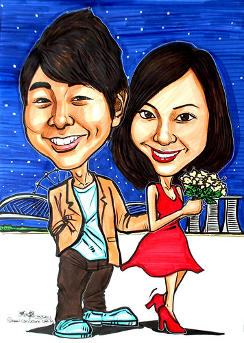 Couple caricatures at Helix Bridge MBS Singapore Flyer