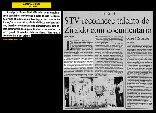 "STV reconhece talento de Ziraldo" - A Gazeta - 17/08/2003