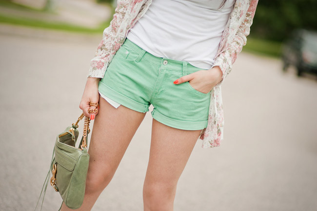 Floral Print Lace Jacket, Mint Green Shorts, Fashion Outfit, Espadrille wedge sandals, Rebecca Minkoff Green Bag