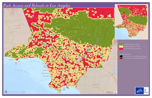 areas in red lack walkable access to a park (by: The City Project, creative commons license)