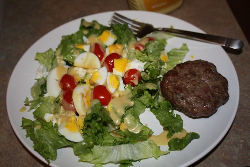 Awesome salad with seasoned grass-fed beef patty by laurelfactorial