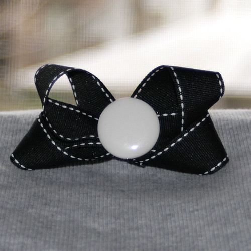 3 1/2" Bow with button center on ribbon covered, snap hair clip by Ladybugs & Bullfrogs