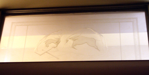Queen Mary - Former Starboard Writing Room (Now Restroom) - Original Glass Panel (Cave Paintings)