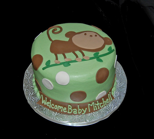 sage green and brown monkey baby shower cake