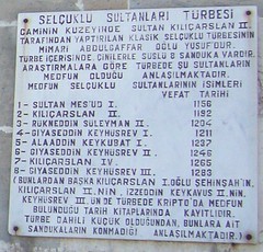 Konya, Mosquée d'Alaeddin, liste des sultans seldjoukides