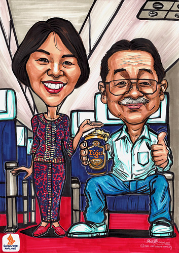 SIA girl and passenger couple caricatures
