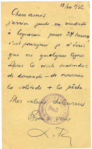 Postcard from Leon Trotsky to Frida Kahlo, Diego Rivera, 1937 (verso)