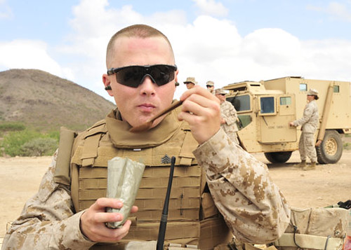 A U.S. Marine from Marine Wing Support Squadron 471 assigned to the task force?s 9th Provisional Security Force eats lunch during a break from .50-caliber machine gun marksmanship training near Camp Lemonier, Djibouti, Dec. 31, 2008. Marines with the squadron are on a seven-month deployment to Camp Lemonier providing security and force protection. (U.S. Navy photo by Mass Communication Specialist 2nd Class Jesse B. Awalt/Released)