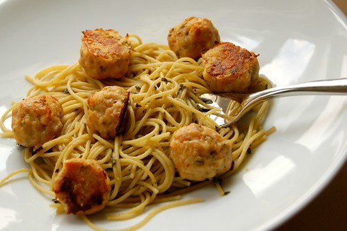 chicken meatballs, sorrel pesto spaghetti