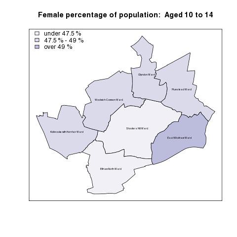 Female percentage of population:  Aged 10 to 14
