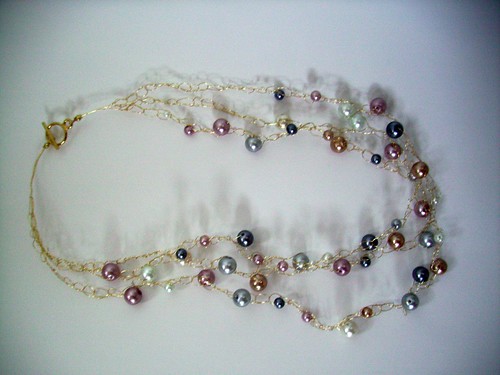 Crochet "Multicolor Pearls" Necklace w/Gold Chain & Clasp