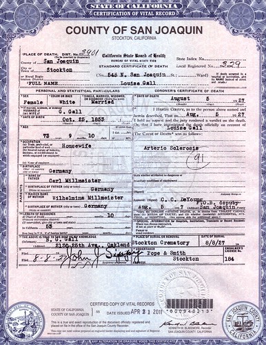 1927 - Louise (Millmeister) Gall Death Certificate