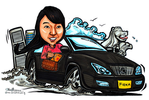 lady caricature driving Lexus
