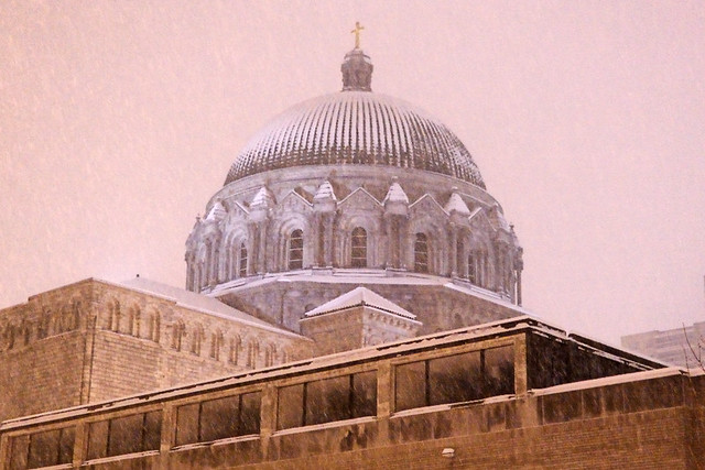 Cathedral Basilica of Saint Louis, in Saint Louis, Missouri, USA - view at night with snow