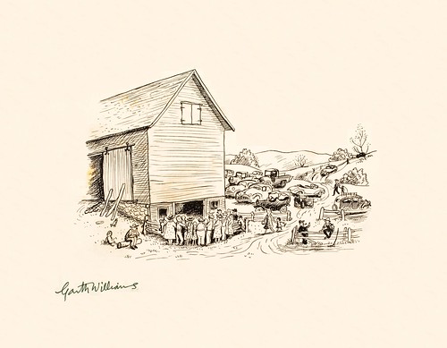pen drawing: crowd of people around wooden cottage