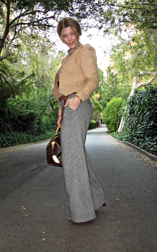 wide leg tweed pants with camel jacket and leopard tshirt