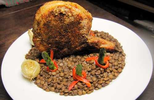 Lentils with chocolate and baked paprika spiked pork chop