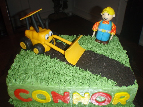 Bob the builder cake. Bob the builder and Scoop are made from rice krispie treats. Dirt is Oreo cookies