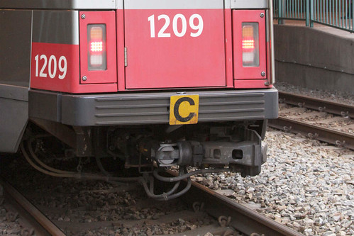 'C' sign (indicating the rear of a coupled LRV set) on the rear of coupled Phase 2 LRV trailer 1209