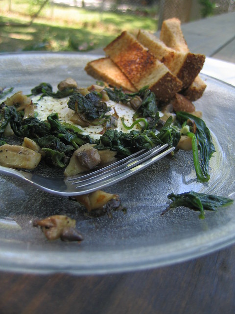 spinach, mushrooms, egg, toast