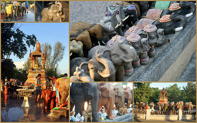 Lots of elephants around the Four-faced Buddha Shrine at Promthep Cape