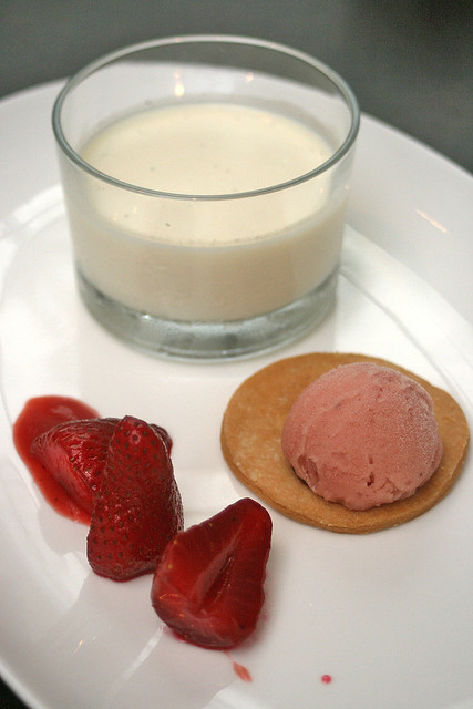 Lavender Panna Cotta - lavender infused light cream custard, compressed strawberries compote with balsamic vinegar and sablée biscuit